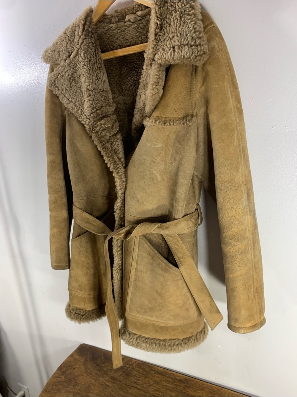 Vintage ERITALA Made in Finland Shearling Sheepskin Coat – Tan Suede Belt